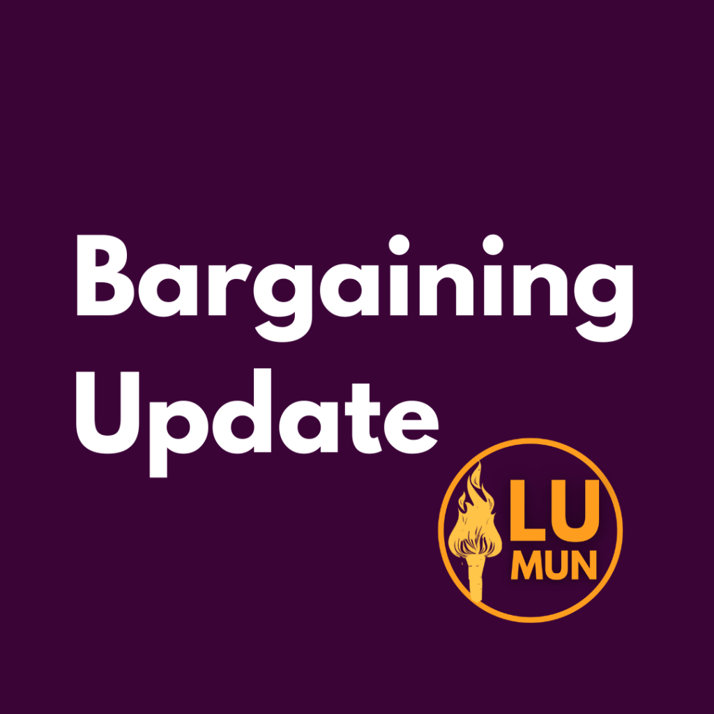 Text reading Bargaining Update on a purple background with the LUMUN logo