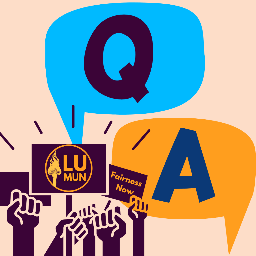 lumun strike facts and faqs lecturers' union of memorial university. Image of protest with a LUMUN logo and fairness now on signs next to "Q" and an "A" speech bubbles