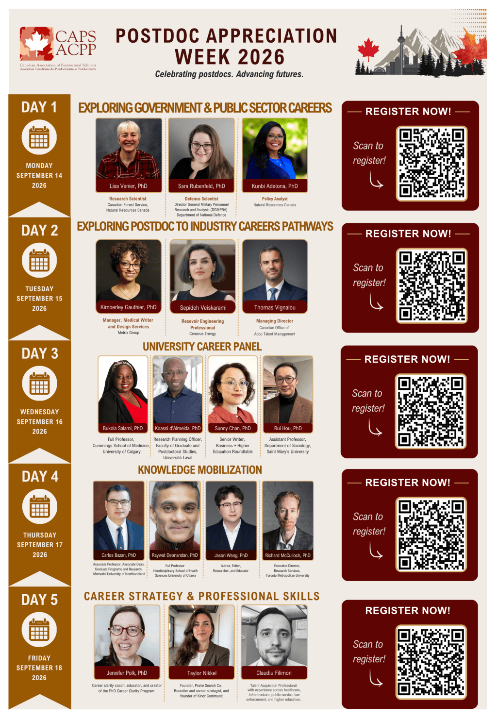 The Canadian Association of Postdoctoral Scholars (CAPS) is pleased to invite postdoctoral scholars across Canada to Postdoc Appreciation Week 2026, taking place virtually from September 14 to 18, 2026.