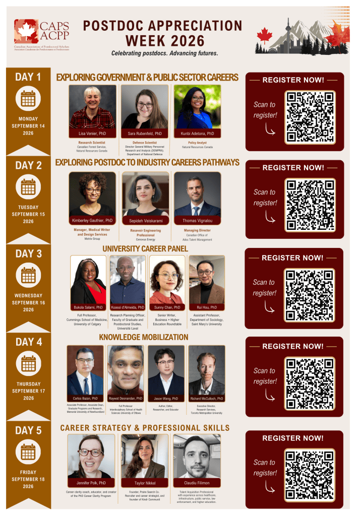 The Canadian Association of Postdoctoral Scholars (CAPS) is pleased to invite postdoctoral scholars across Canada to Postdoc Appreciation Week 2026, taking place virtually from September 14 to 18, 2026.
